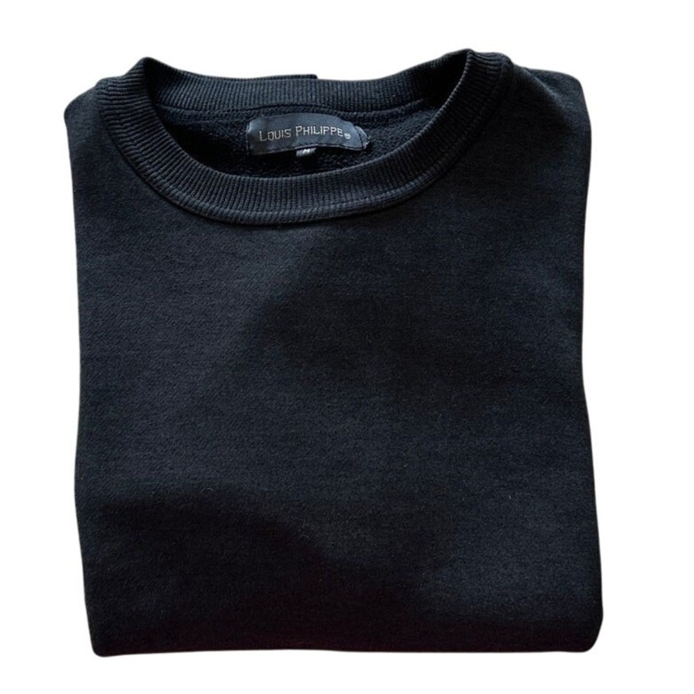 LOUIS PHILIPPE Mens Black Crewneck Sweatshirt Medium Minimalist Solid Fleece
